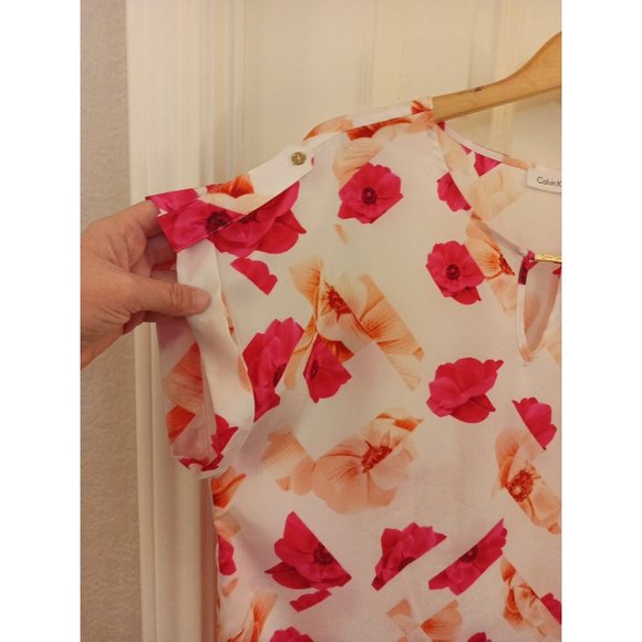 Women's Calvin Klein Ivory Blouse Pink Floral Print With Spellout Size Large - Picture 4 of 10